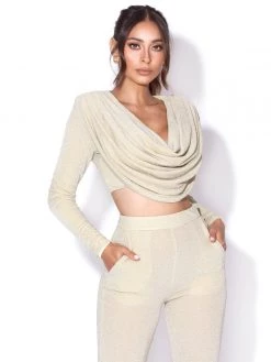 Miss Circle Xandra Pale Yellow Glitter Draping Long Sleeve Top