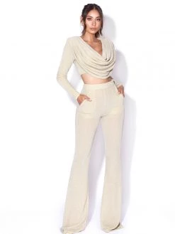 Miss Circle Xiara Pale Yellow Glitter Flare Trousers