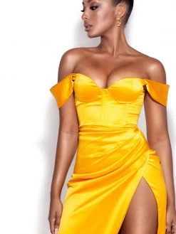 Miss Circle Zarah Yellow High Slit Corset Satin Dress