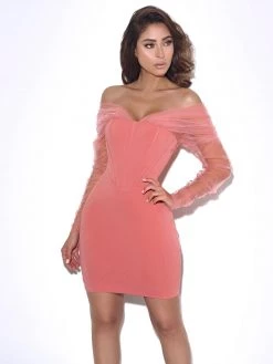 Miss Circle Zofia Salmon Pink Off Shoulder Mesh Sleeve Corset Dress Corsets