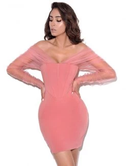 Miss Circle Zofia Salmon Pink Off Shoulder Mesh Sleeve Corset Dress Corsets