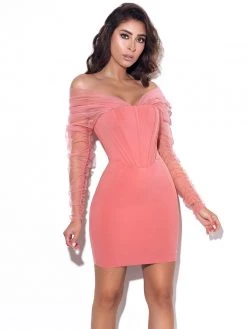Miss Circle Zofia Salmon Pink Off Shoulder Mesh Sleeve Corset Dress Corsets