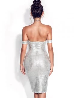 Miss Circle Best Sellers Irreplaceable Off Shoulder Silver Metallic Bandage Dress