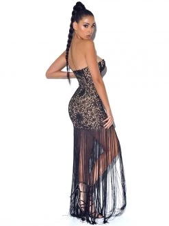 Miss Circle Become The One Black Lace Long Fringed Strapless Dress New In