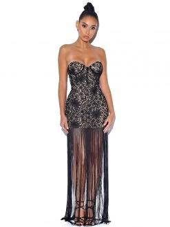 Miss Circle Become The One Black Lace Long Fringed Strapless Dress New In