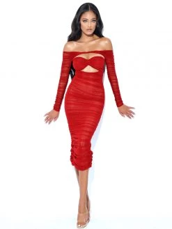 Miss Circle Terra Burgundy Mesh Off Shoulder Cutout Midi Dress Dresses