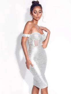 Miss Circle Best Sellers Irreplaceable Off Shoulder Silver Metallic Bandage Dress