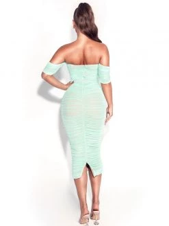 Miss Circle Quenby Teal Off Shoulder Mesh Maxi Dress