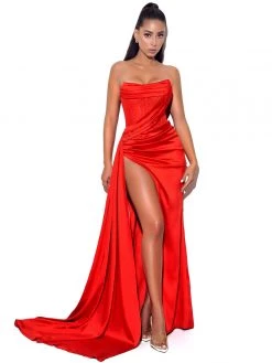 Miss Circle Holly Red Crystallized Corset High Slit Satin Gown Corsets