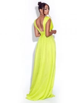 Miss Circle Valley Of Angels Lime Silk Pleated High Slit Maxi Dress