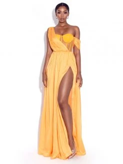 Miss Circle Back In Style Orange Silk Pleated Corset High Slit Maxi Dress