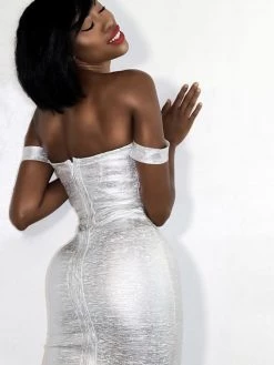 Miss Circle Best Sellers Irreplaceable Off Shoulder Silver Metallic Bandage Dress