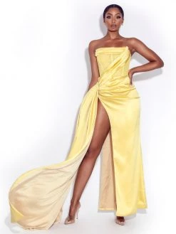 Miss Circle Holly Lemon Crystallized Corset High Slit Satin Gown