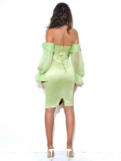 Miss Circle Sale Lydia Lime Satin Off Shoulder Puff Sleeve Dress