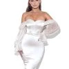 Miss Circle Dresses Lydia Pearl White Satin Off Shoulder Puff Sleeve Dress