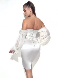 Miss Circle Dresses Lydia Pearl White Satin Off Shoulder Puff Sleeve Dress