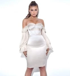 Miss Circle Dresses Lydia Pearl White Satin Off Shoulder Puff Sleeve Dress