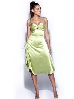 Miss Circle New In Keira Olive Twist Front Side Slit Satin Dress