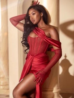 Miss Circle Stella Burgundy Off Shoulder Crystal Corset Satin Gown Corsets