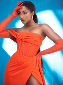 Miss Circle Rebeca Poinciana Satin High Slit Corset Gown Corsets