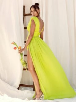 Miss Circle Valley Of Angels Lime Silk Pleated High Slit Maxi Dress