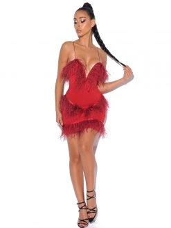 Miss Circle One In A Million Crystal And Fur Red Stretch Crepe Dress New In