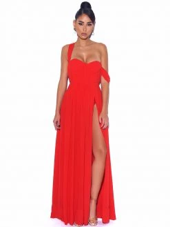 Miss Circle Paradise High Slit Red Chiffon Maxi Dress