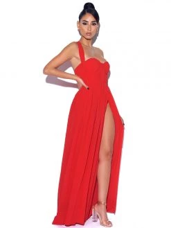 Miss Circle Paradise High Slit Red Chiffon Maxi Dress