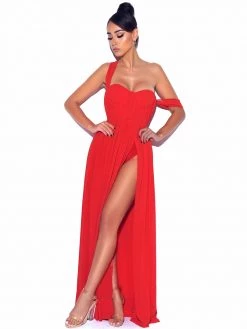Miss Circle Paradise High Slit Red Chiffon Maxi Dress