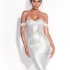 Miss Circle Best Sellers Irreplaceable Off Shoulder Silver Metallic Bandage Dress