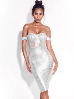 Miss Circle Best Sellers Irreplaceable Off Shoulder Silver Metallic Bandage Dress