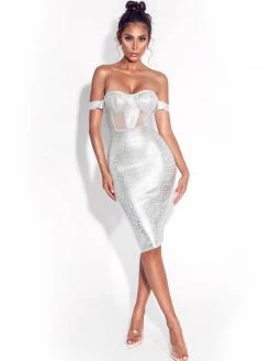Miss Circle Best Sellers Irreplaceable Off Shoulder Silver Metallic Bandage Dress