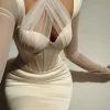 Miss Circle Jocelynn Ivory Satin Mesh Long Sleeve Corset Dress Corsets