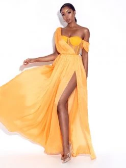 Miss Circle Back In Style Orange Silk Pleated Corset High Slit Maxi Dress