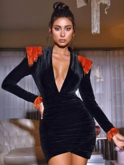 Miss Circle Windsor Hand-embellished Black Velvet Dress