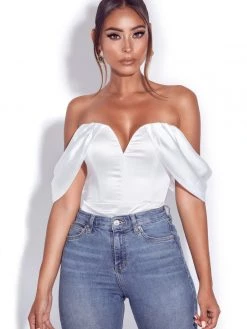 Miss Circle Tops Paige Draped Off Shoulder Satin Bodysuit